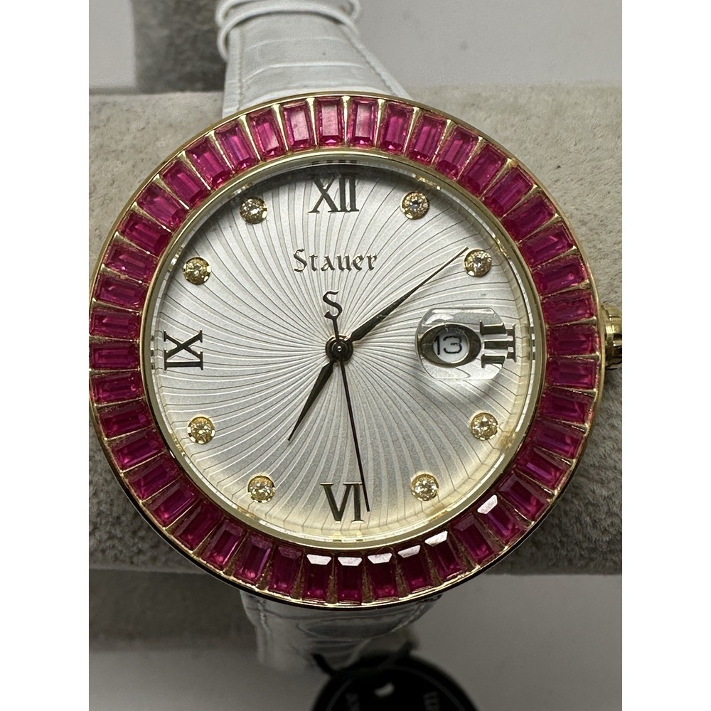 Stauer 22774 New Battery‎ Ladies Watch 42MM 8" Leather Band Red Crystals M56